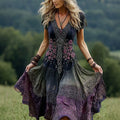 Women's Vintage Romantic Celtic Knot With Floral Art Linen Blend  V Neck Maxi Dress