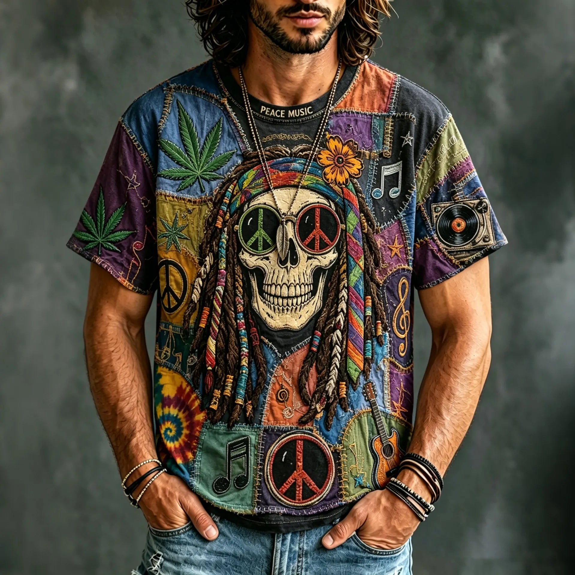 Men's Hippie Peace Music Skull Design T-shirt
