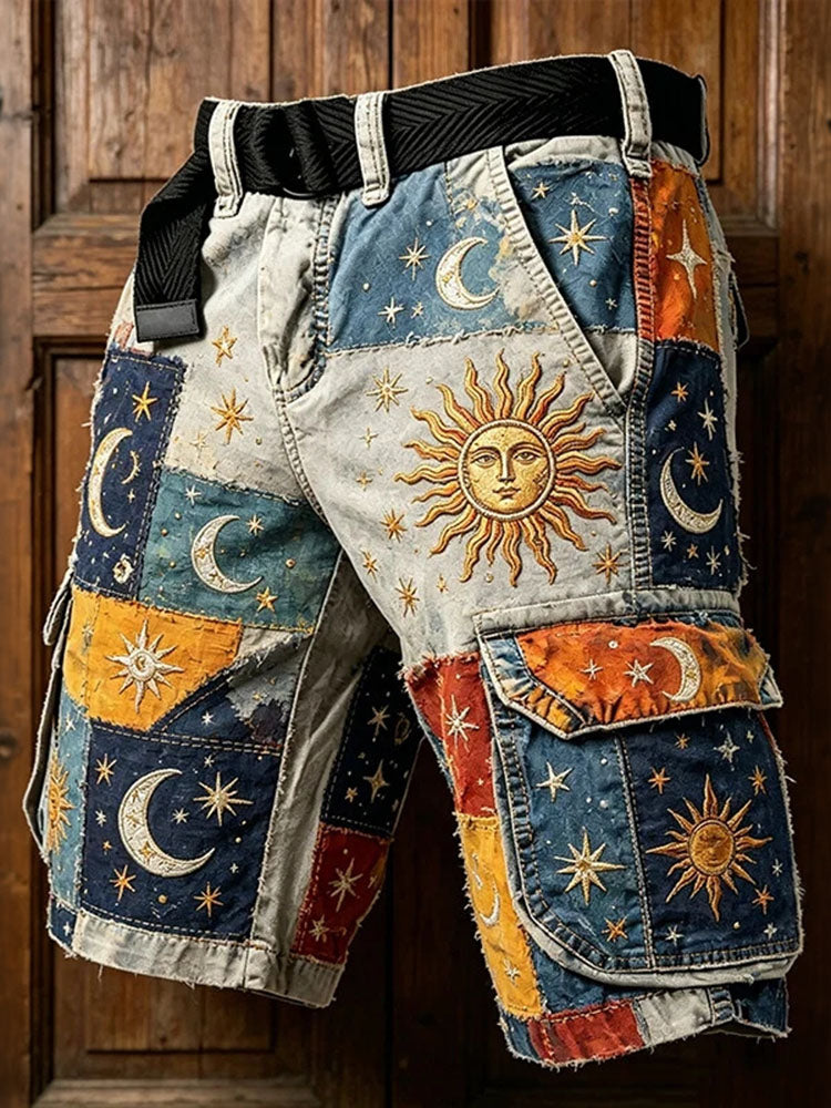 Men's Hippie Art Sun Moon Patchwork Print Cargo Shorts