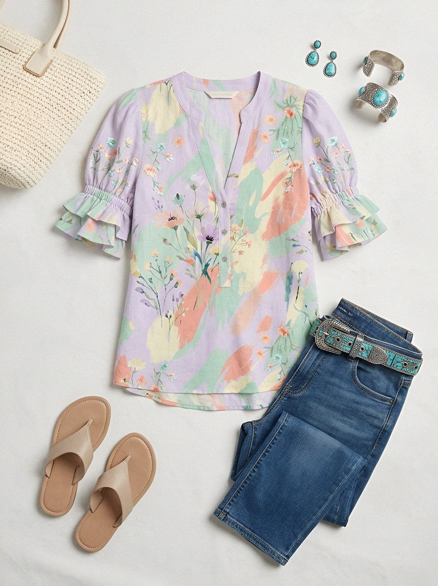 Women's Western Vintage Floral Watercolor Printed V-Neck Top