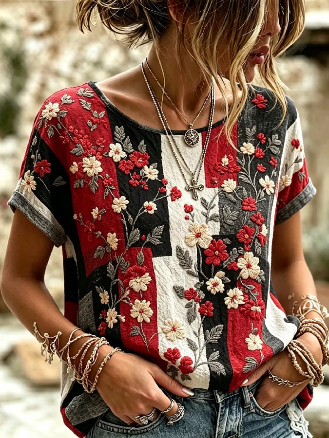 Women'S Casual Pink Floral Print Short-Sleeve Top