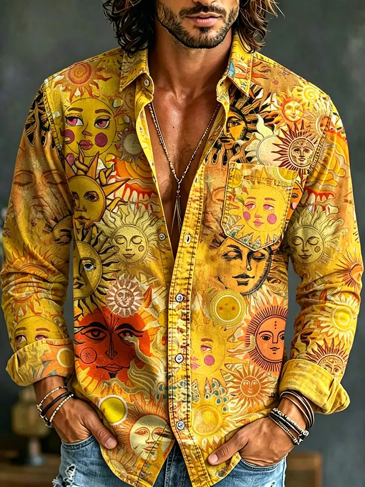 Men's Hippie Retro Sun Face Art Print Linen Shirt