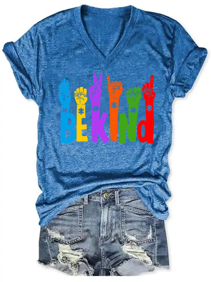 Women's Be Kind Print Autism Awareness V-Neck T-Shirt