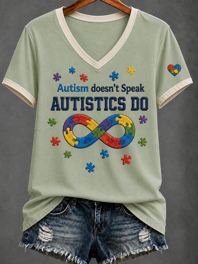 Women'S Casual V-Neck Top With Autism Awareness Print