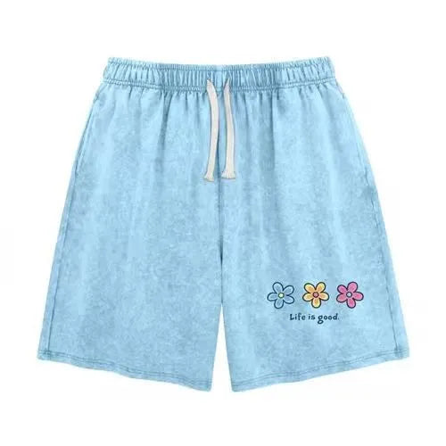 Unisex Flower Print Casual Shorts Acid Wash Soft Comfortable Cotton Blend Bottoms