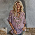 Women's Retro Floral Embroidered Art Flowy Linen Blend Short Sleeve Casual Tops