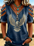 Women's Western Independence Day Eagle Printed Cold Shoulder T-shirt