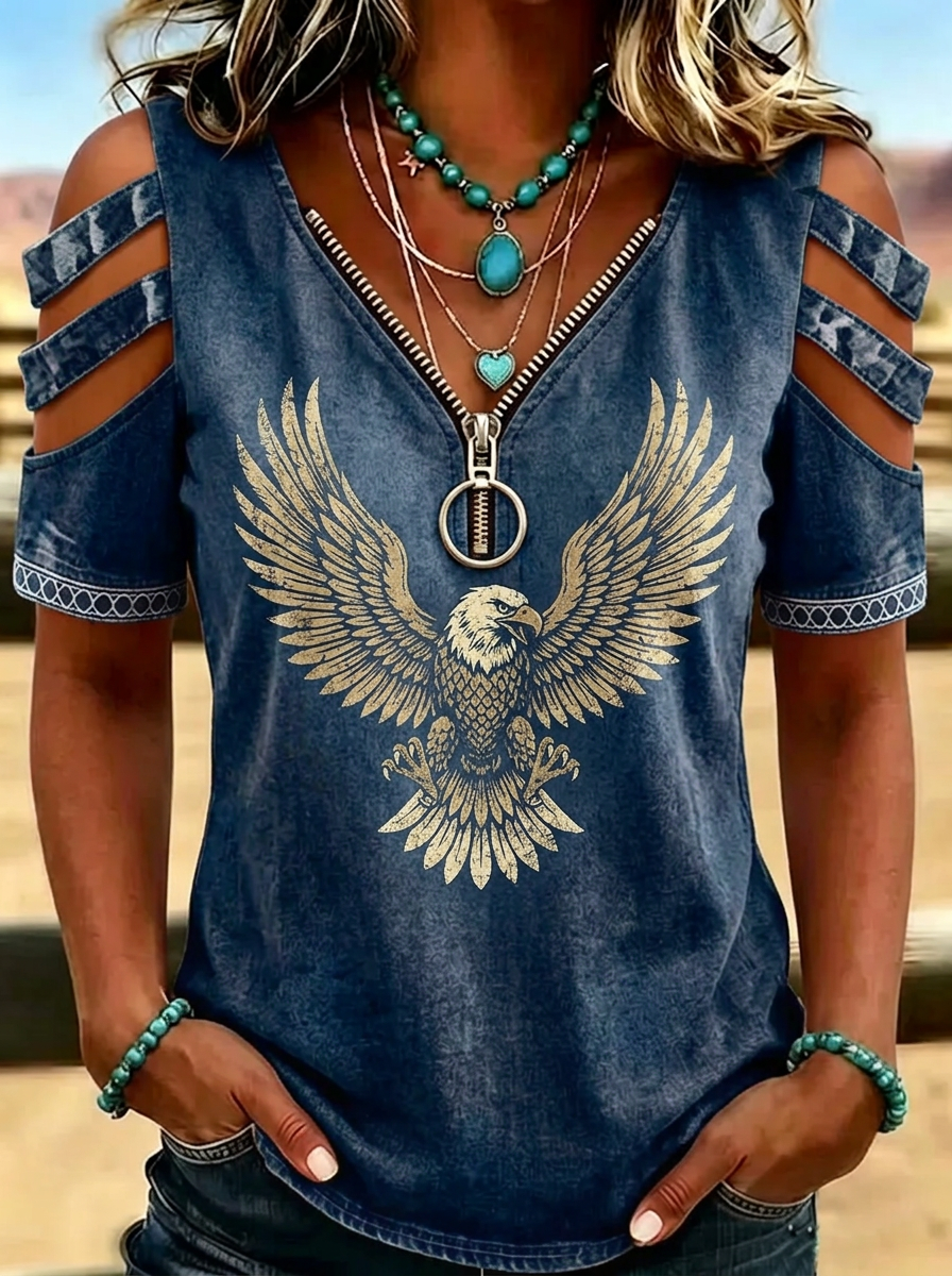 Women's Western Independence Day Eagle Printed Cold Shoulder T-shirt