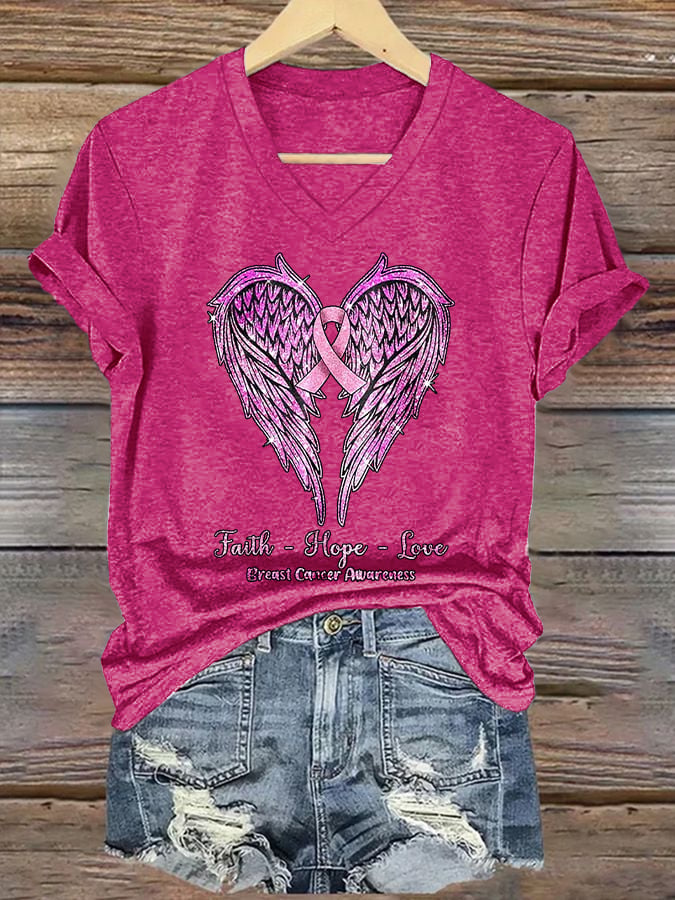 Women's Faith-Hope-Love Breast Cancer Awareness Printed Casual V-Neck T-Shirt