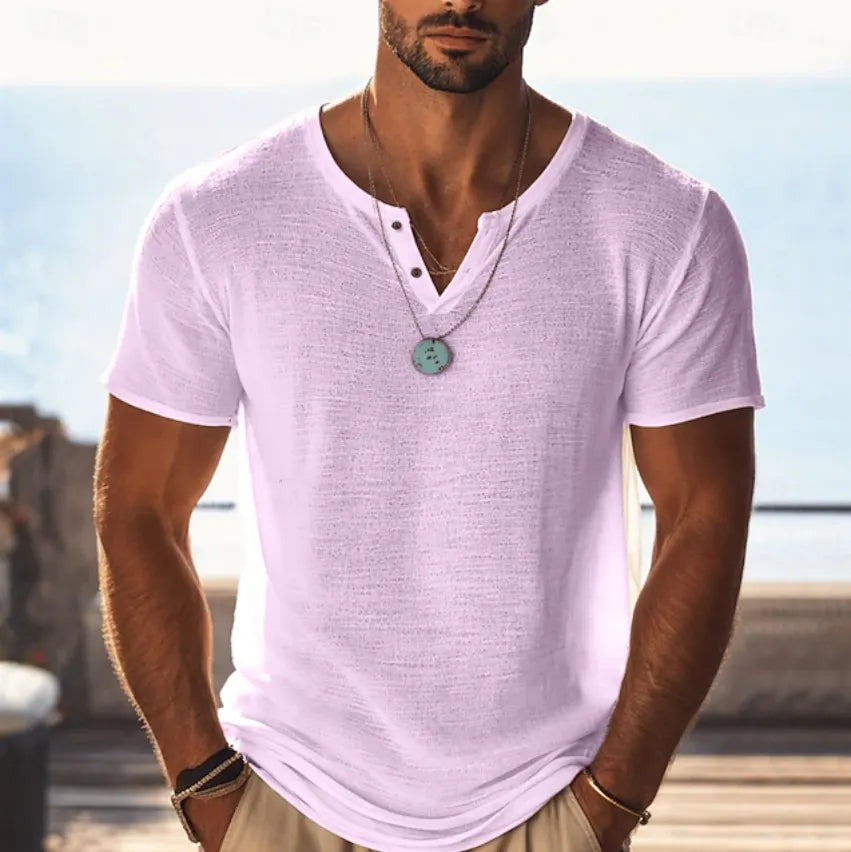Men's Cotton Linen  Short Sleeve V Neck  T-Shirt