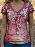 Women's Breast Cancer Awareness Floral Art V-Neck Short-Sleeve T-Shirt