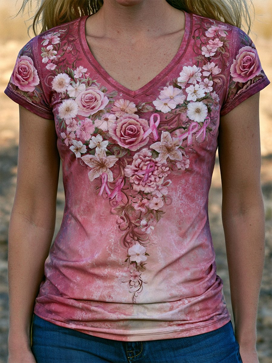 Women's Breast Cancer Awareness Floral Art V-Neck Short-Sleeve T-Shirt