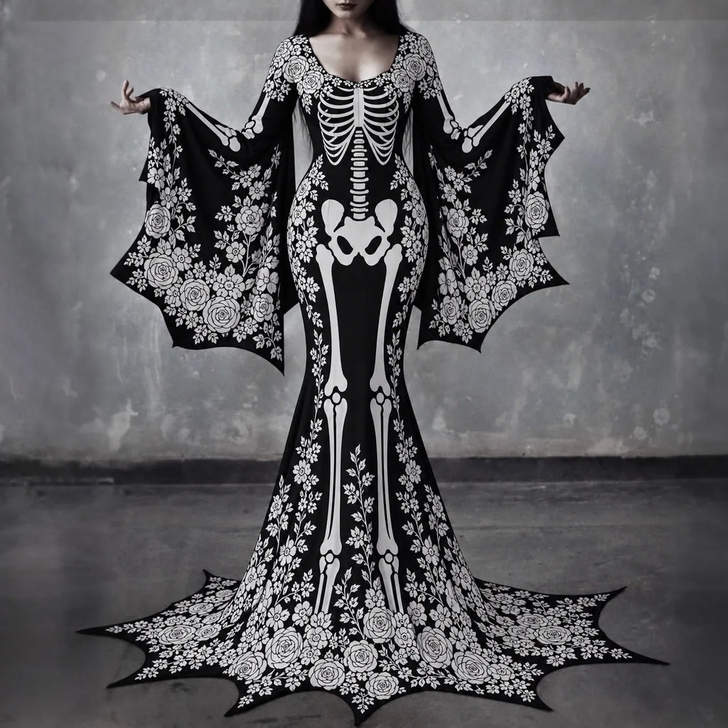 Women's Gothic Skeleton With White Roses Batwing Flare Sleeve Round Neck Bodycon Maxi Dress – Halloween Costume