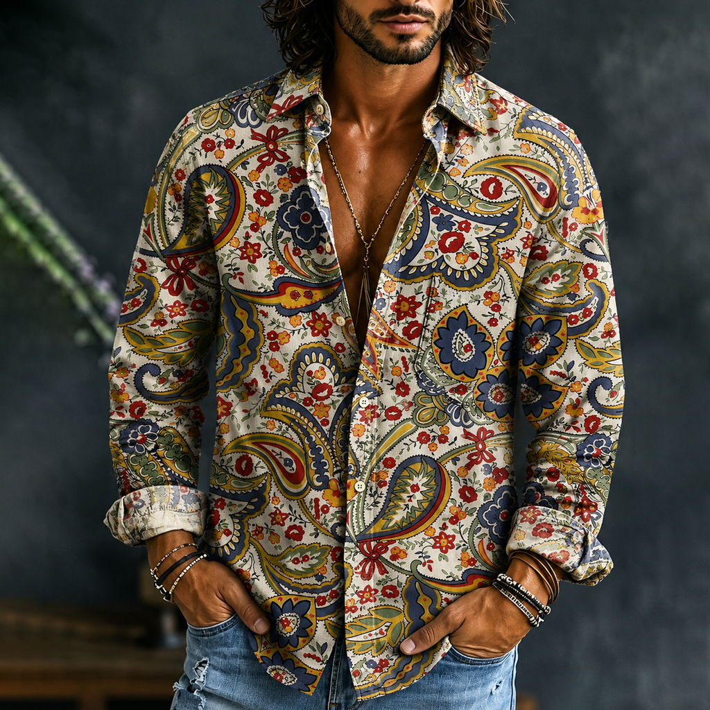 Men's Vintage 1970s Aloha Hippie Floral Long Sleeve Shirt
