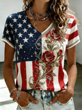Women's Vintage American Flag 250th Anniversary Rose Print Casual V-Neck Short Sleeve T-Shirt