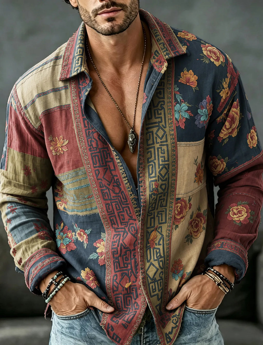 Men's Vintage Floral  Patchwork Embroidered Art Print Flowy Linen Blend Casual Shirt