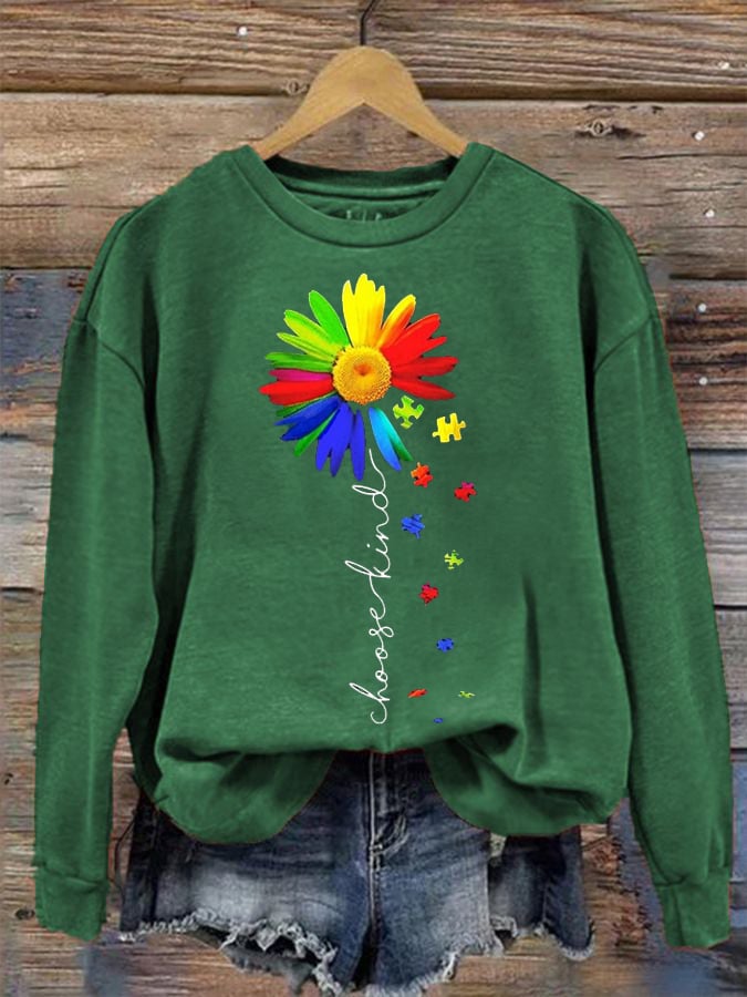 Women's Autism Awareness Choose Kind Sunflower Print Sweatshirt