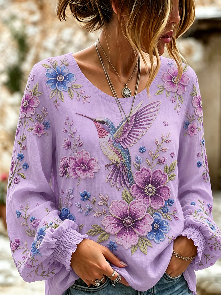 Women's Retro Floral And Bird Design Round Neck Cotton Linen Long Sleeve T-shirt