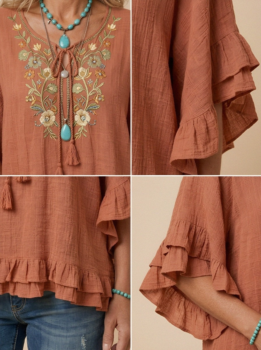 Women's Western Vintage Floral Embroidered Ruffle Printed Top