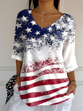 Women's Comfortable Independence Day Flower Flag V-Neck T-Shirt