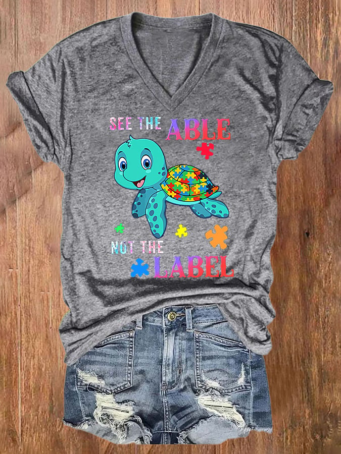 Women's Autism Awareness, Awareness Turtle, See The Able Not The Label Print T-shirt