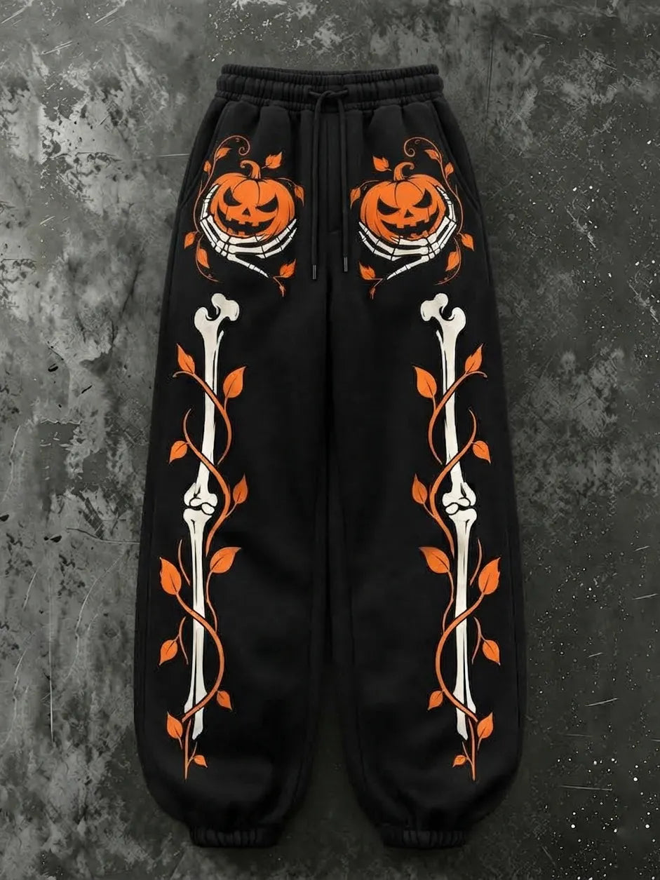 Women's Vintage Halloween Pumpkin And Skeleton Hand Print Sweatpants
