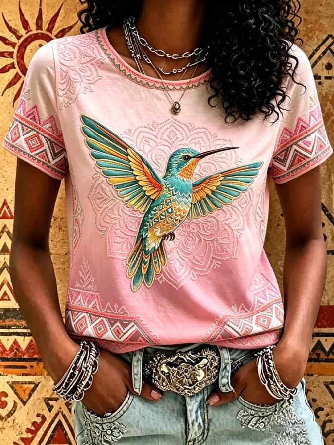 Women's Breast Cancer Awareness Short-Sleeve T-Shirt with Hummingbird Print