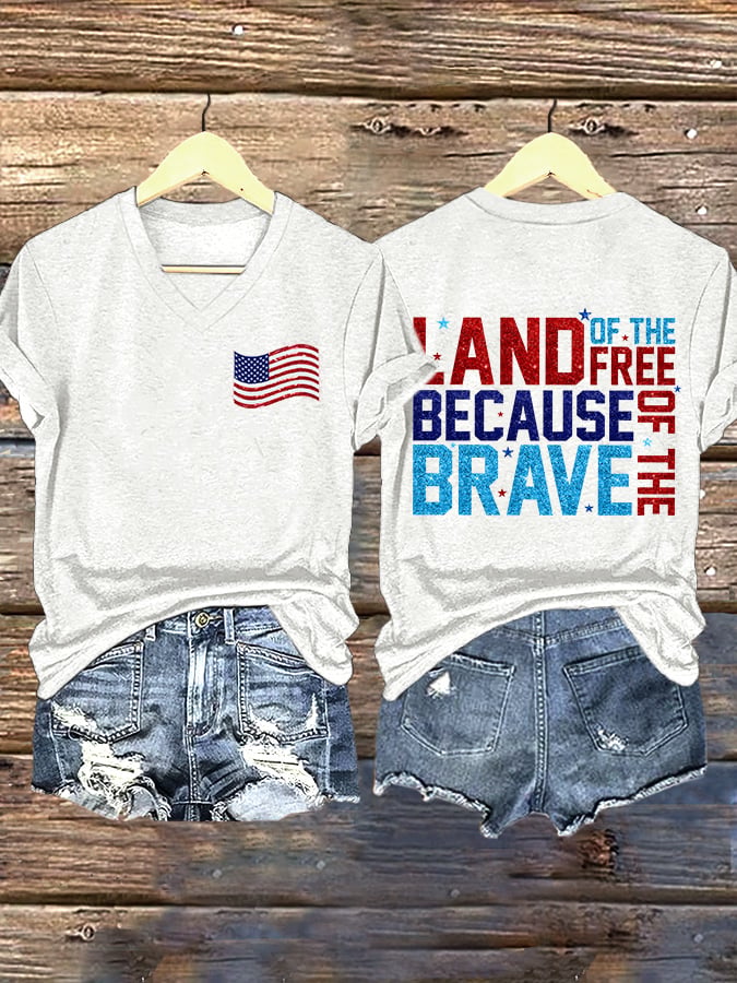 V-Neck Retro Independence Day Land Of The Free Because Of The Brave Print T-Shirt