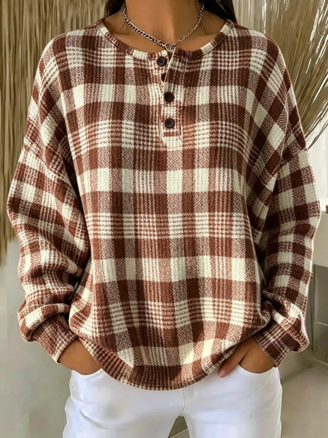 Women'S Plaid Henley Collar Casual Long-Sleeved Sweatshirt