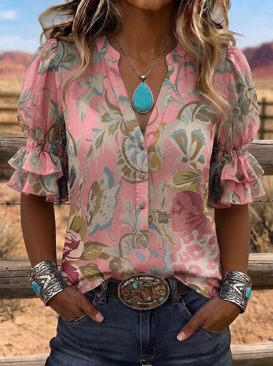 Women's Western Vintage Floral Paisley Printed Ruffle Sleeve Top