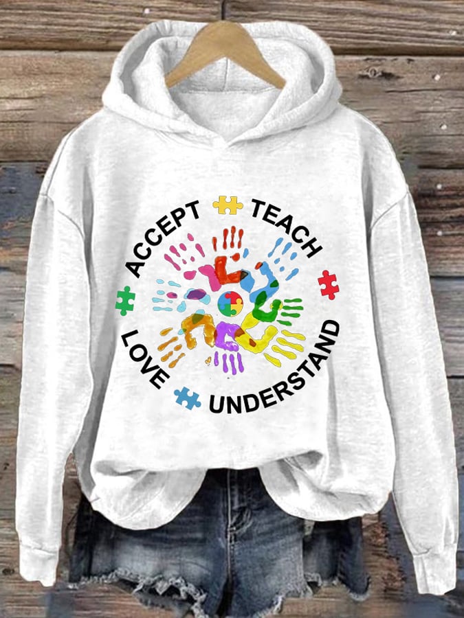 Women's Autism Teach Love Understand Print Hoodie