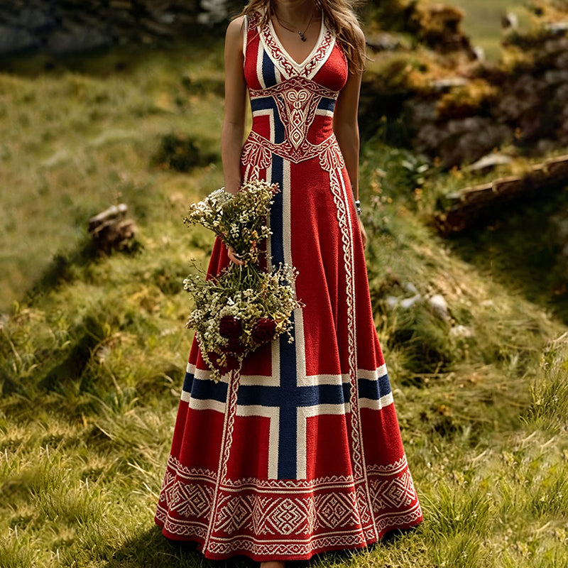 Retro Cotton And Linen Patchwork Viking Ethnic Print Dress