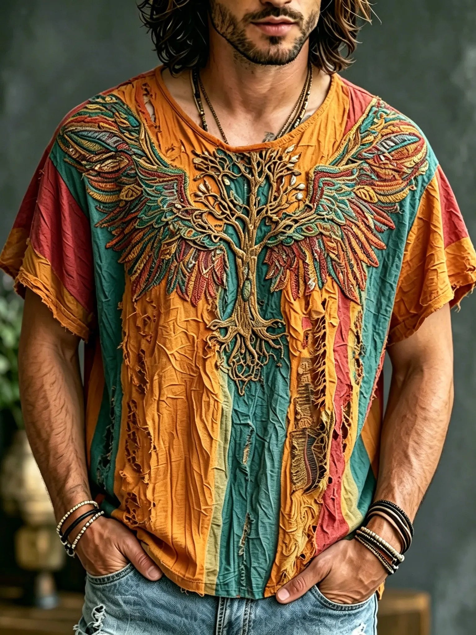Men's Retro Hippie Style Tree Of Life And Wings Embroidered Print T-shirt