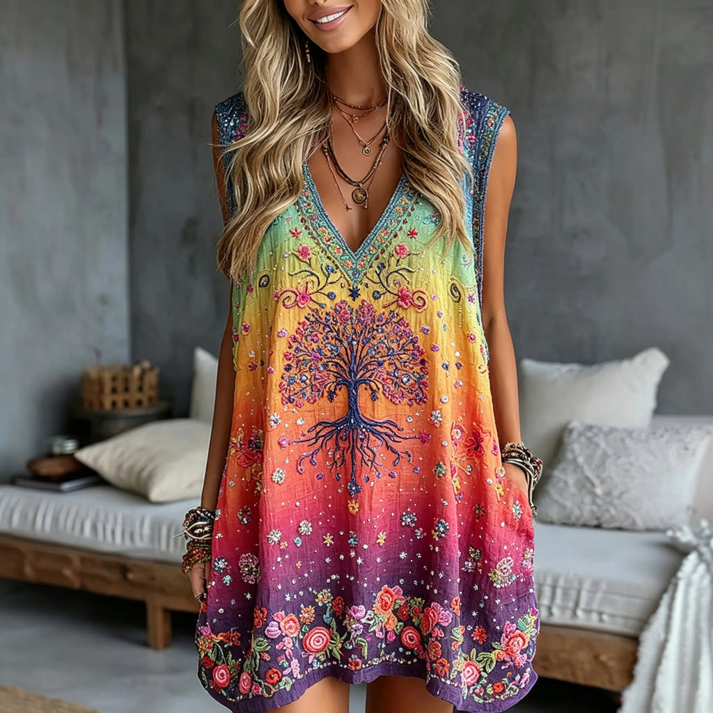 Women's Retro Hippie Style Tree Of Life Floral Embroidery Pattern Linen Blend Dress