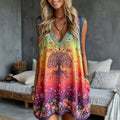 Women's Retro Hippie Style Tree Of Life Floral Embroidery Pattern Linen Blend Dress