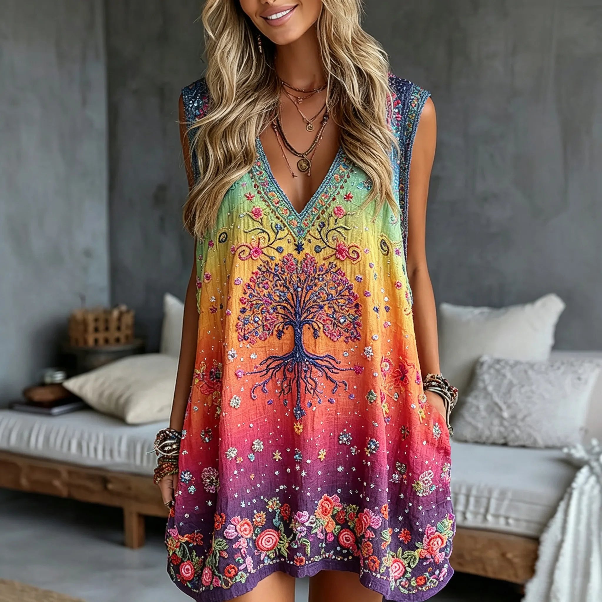 Women's Retro Hippie Style Tree Of Life Floral Embroidery Pattern Linen Blend Dress