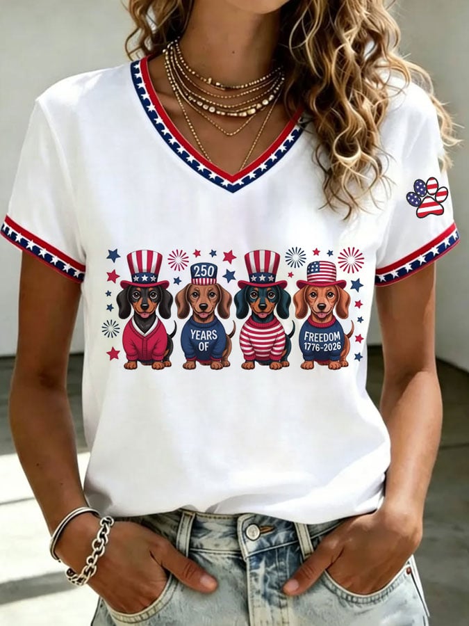 Women's Patriotic Dog Lover Printed Casual T-Shirt