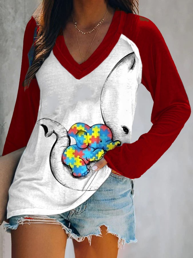 Women'S Autism Elephant And Baby Elephant Print T-Shirt