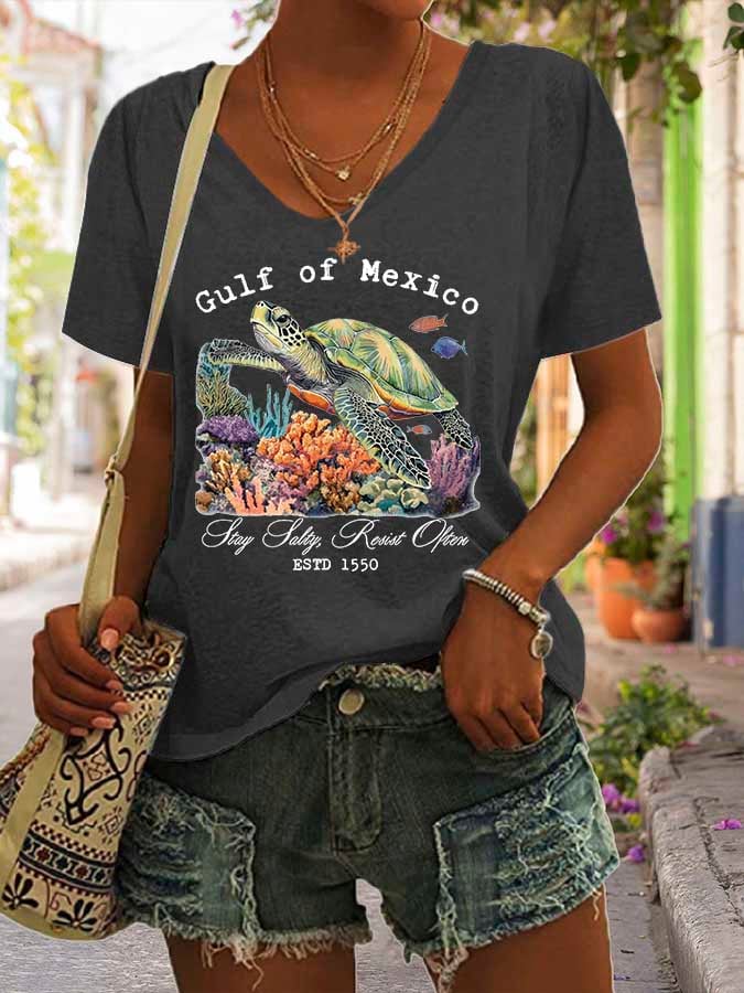 Women's Gulf Of Mexico Print V Neck Casual T-Shirt