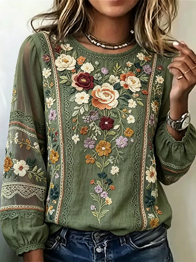 Vintage Colorful Floral And Lace Art Cotton Linen Round Neck Long Sleeve Top