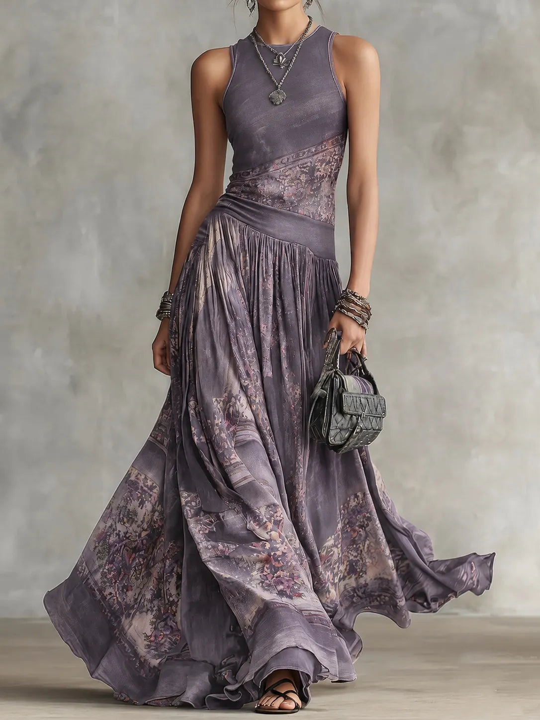 Elegant Retro Printed Sleeveless Tank Top Dress