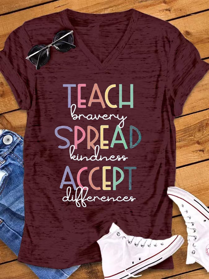 Women's Autism Awareness In April We Wear Blue Autism Month Printed Short Sleeve V-neck T-shirt