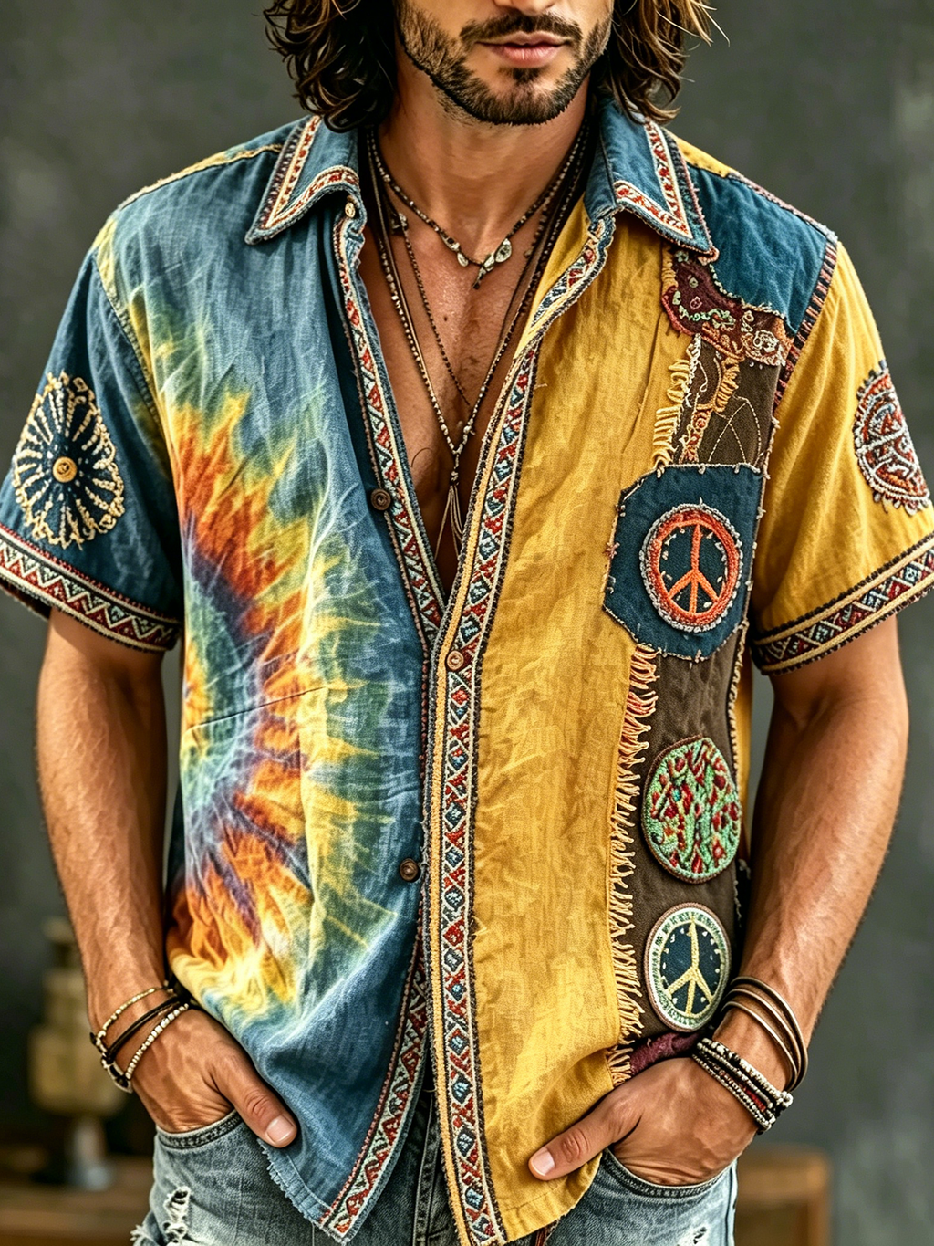 Men's Causal Spring Tie-dye Hippie Peace Patchwork Art Print Flowy Linen Blend Shirt