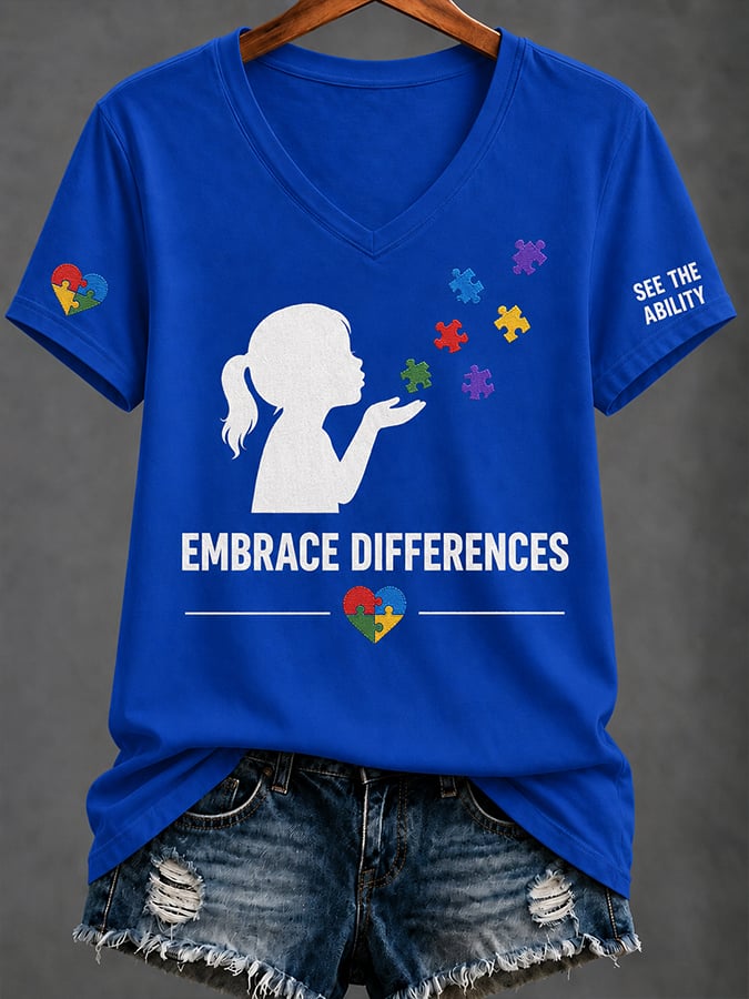 Women'S Casual V-Neck Top With Autism Awareness Print