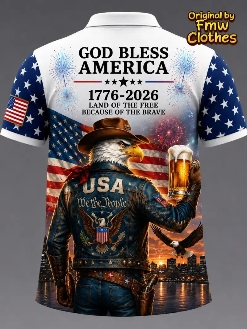 Men's American Independence Day 250th Anniversary Cowboy Eagle Beer Memorial Short Sleeve Shirt