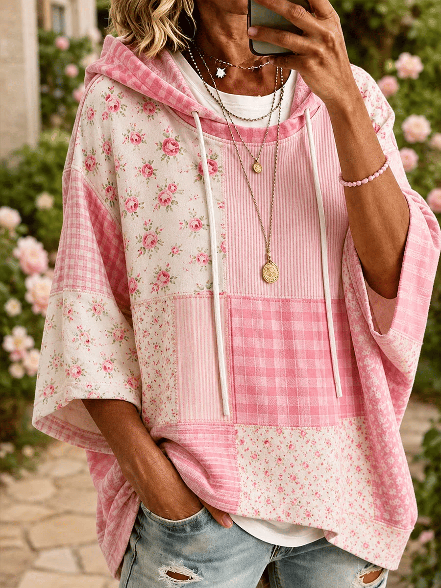 Women's Pink Vintage Plaid And Floral Print Hoodie