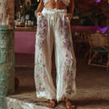 Women's Purple Rose Pattern Casual Linen Blend Pants