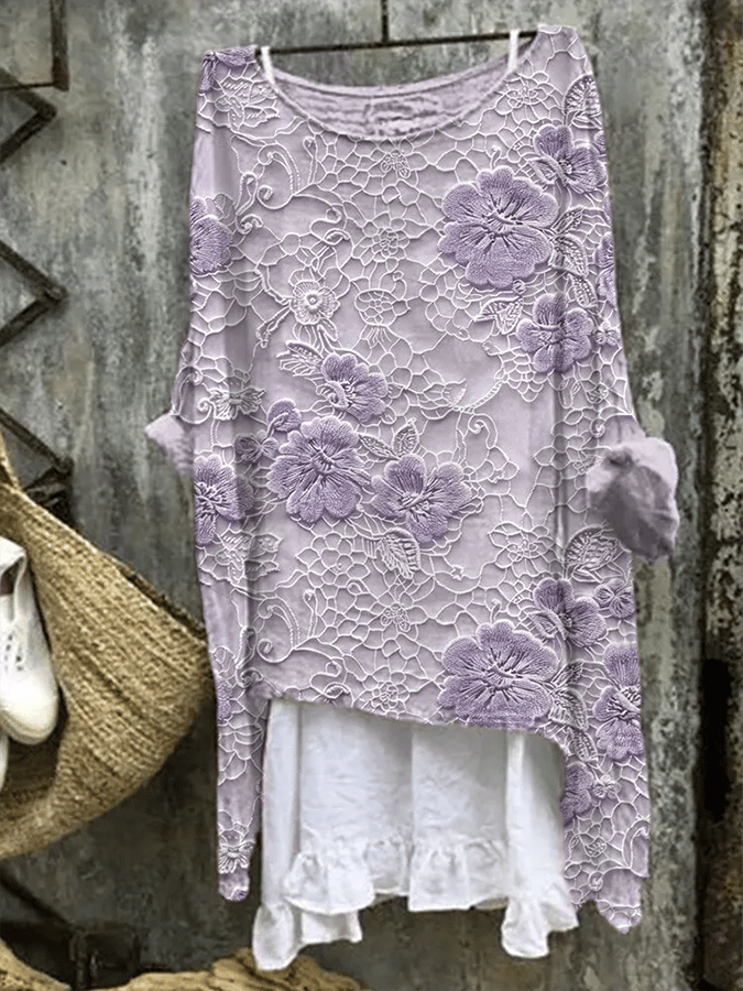 Women's Lace Purple Floral Embroidery Linen Blend Shirt