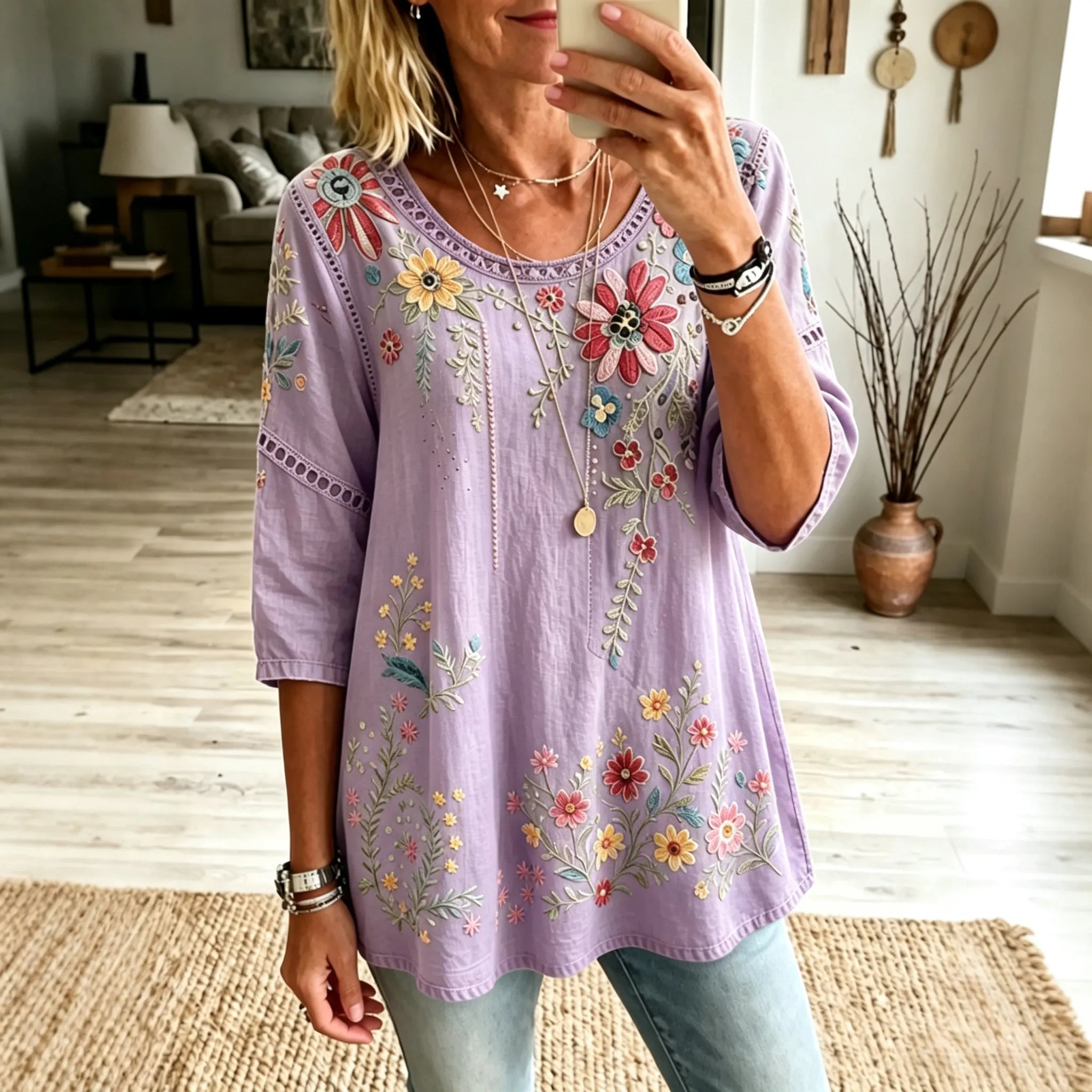 Women's Retro Floral Vacation Cotton Linen Top