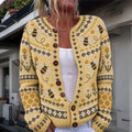 Women's Vintage Bee And Comb Print Casual Knit Cardigan Sweater